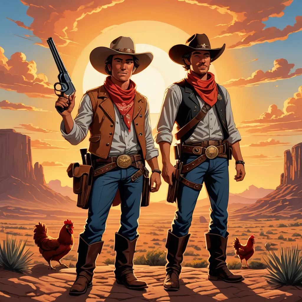 two cowboys standing in the desert with guns in their hands and a rooster in the background with a sunset behind them, american scene painting, poster art, Brothers Hildebrandt, western comic book art