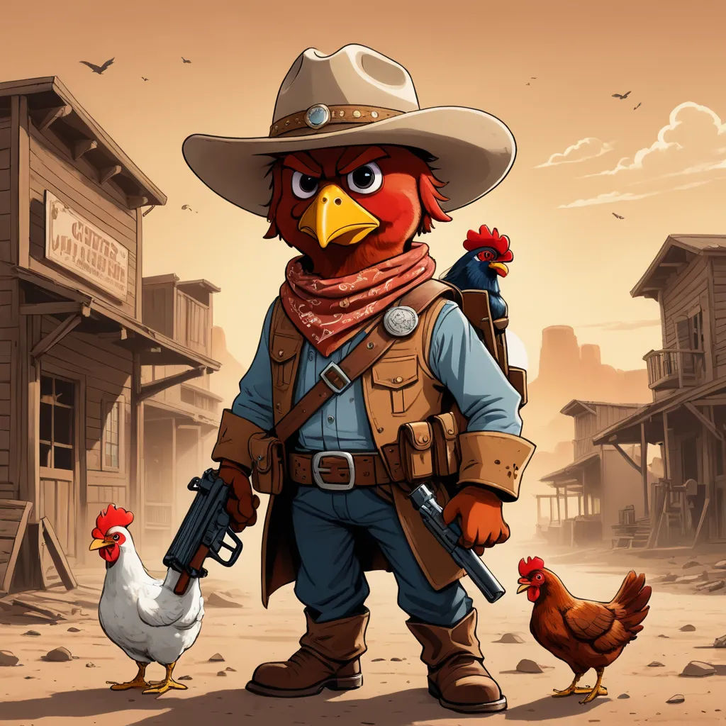 a cartoon character with a gun and a chicken in a cowboy outfit and a gun in his hand, standing in front of a town, furry art, concept art, Chris LaBrooy, western comic book art