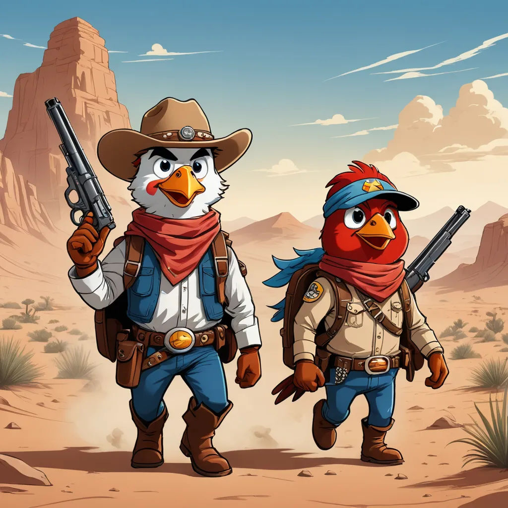 two cartoon birds dressed in western clothing and holding guns in the desert with a mountain background in the background, lyco art, concept art, Chris LaBrooy, western