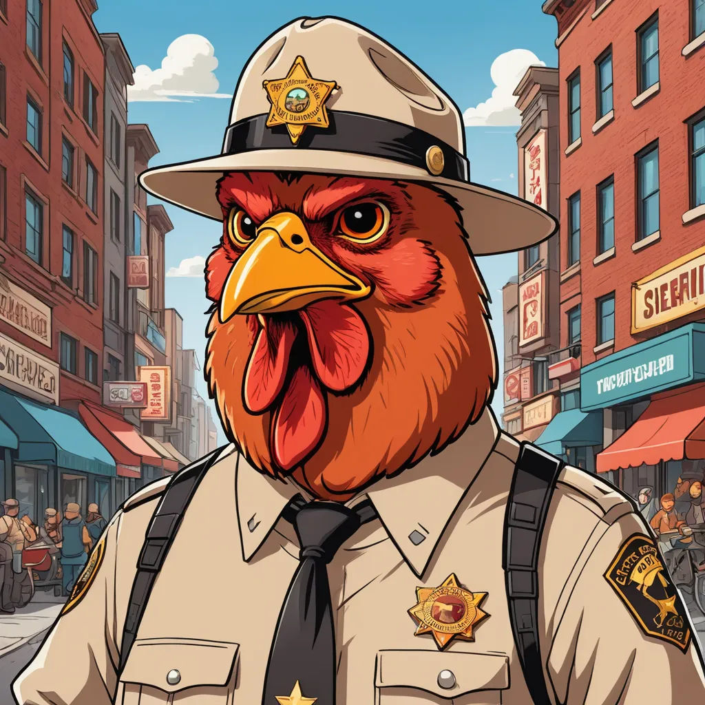 a cartoon of a chicken in a police uniform standing in a city street with a cop hat on his head, furry art, a character portrait, Dan Mumford, josan gonzales and dan mumford