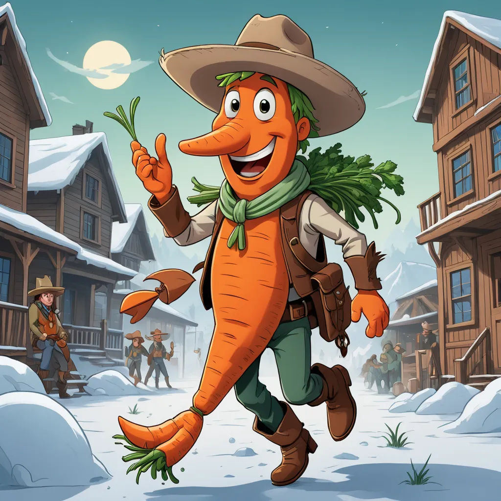 a cartoon character dressed as a carrot in a western town with a cowboy hat and scarf on, and a gun in his hand, sots art, a storybook illustration, Artur Grottger, character art