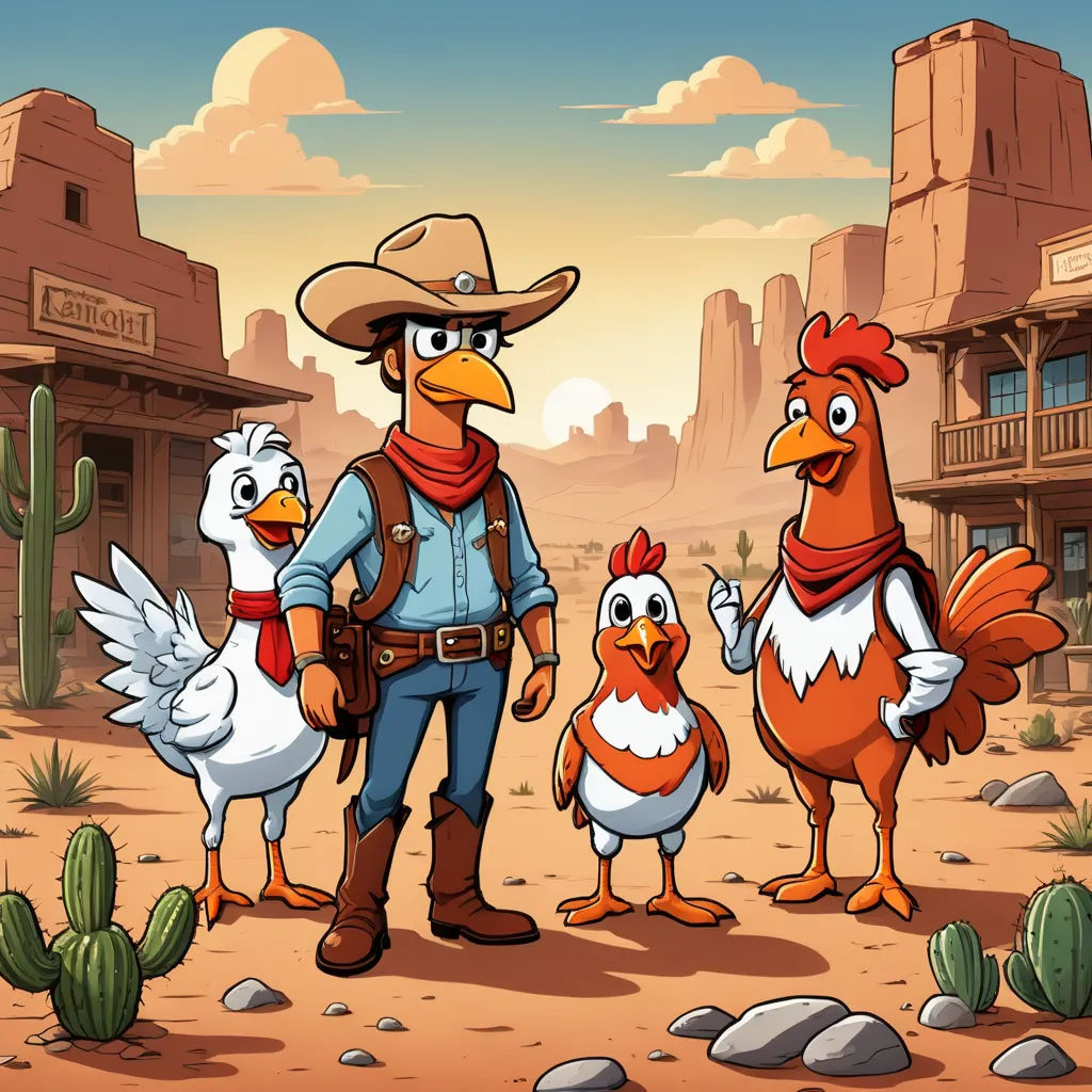 a man standing in front of a group of chickens in a desert town with a cactus in the background, lyco art, computer graphics, Americo Makk, 2 d game art