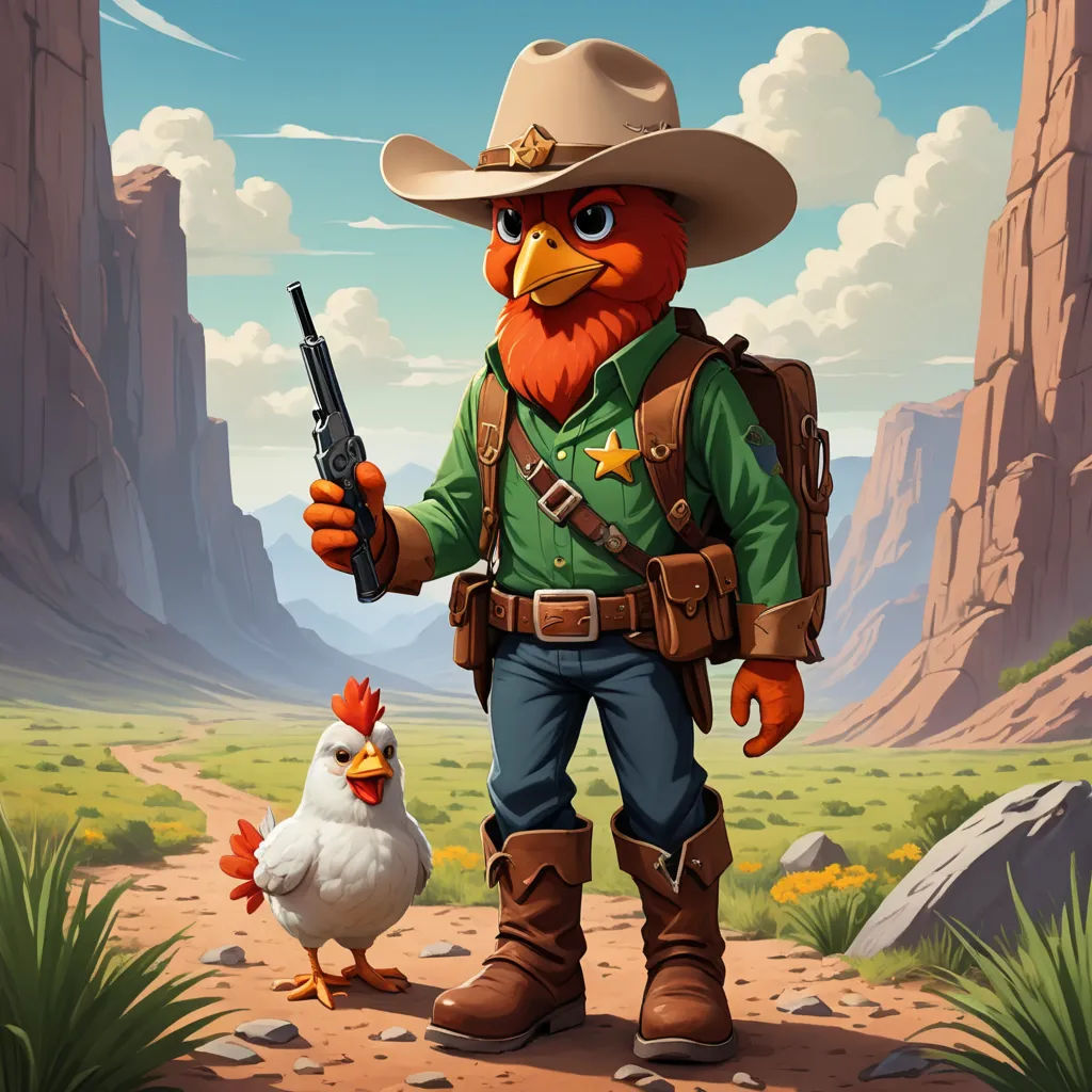 a cartoon character with a gun and a chicken in a desert landscape with mountains and rocks in the background, american scene painting, a character portrait, Chris LaBrooy, game art