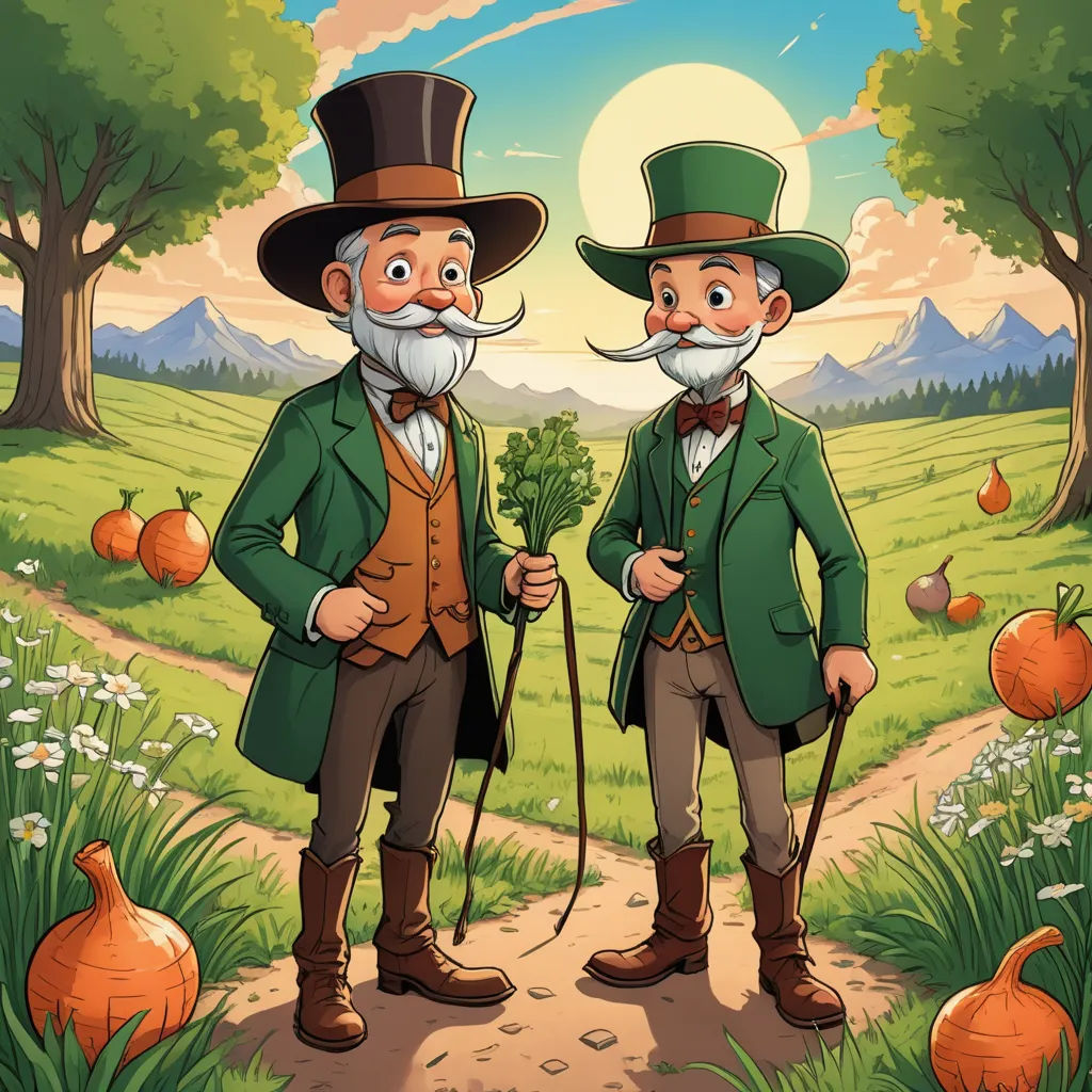 two cartoon men in green jackets and hats standing on a path in a field with pumpkins and trees, lyco art, a storybook illustration, Dan Mumford, game art