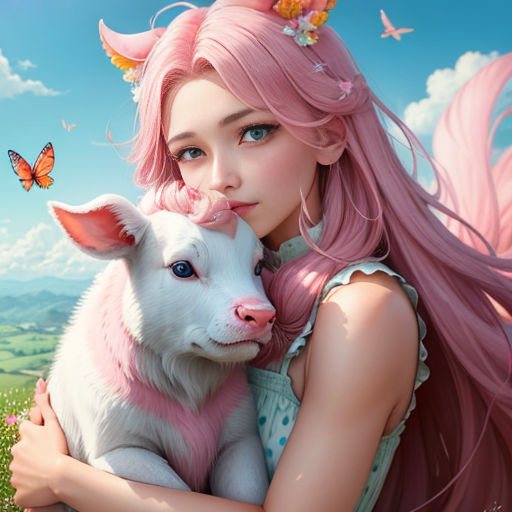 A graceful anthropomorphic cow with pastel pink hair in a serene setting on  Craiyon