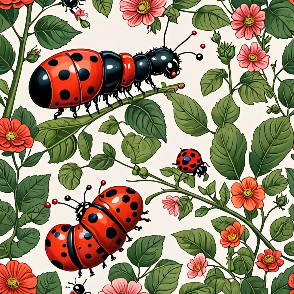a group of ladybugs sitting on top of a green plant with red flowers and leaves on it, psychedelic art, a detailed drawing, Annabel Kidston, detailed illustration