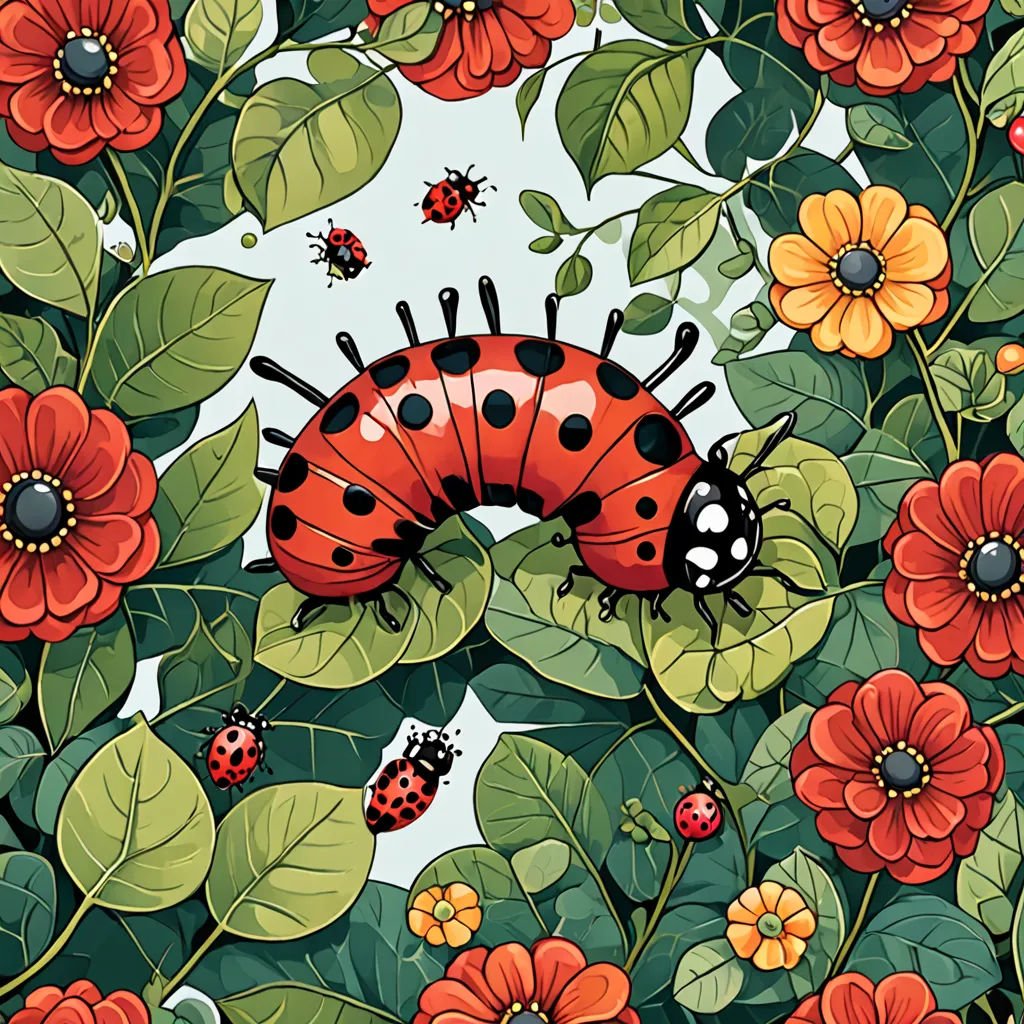 a lady bug sitting on top of a green leaf covered field of flowers and leaves with ladybugs, generative art, a storybook illustration, Chris LaBrooy, detailed illustration