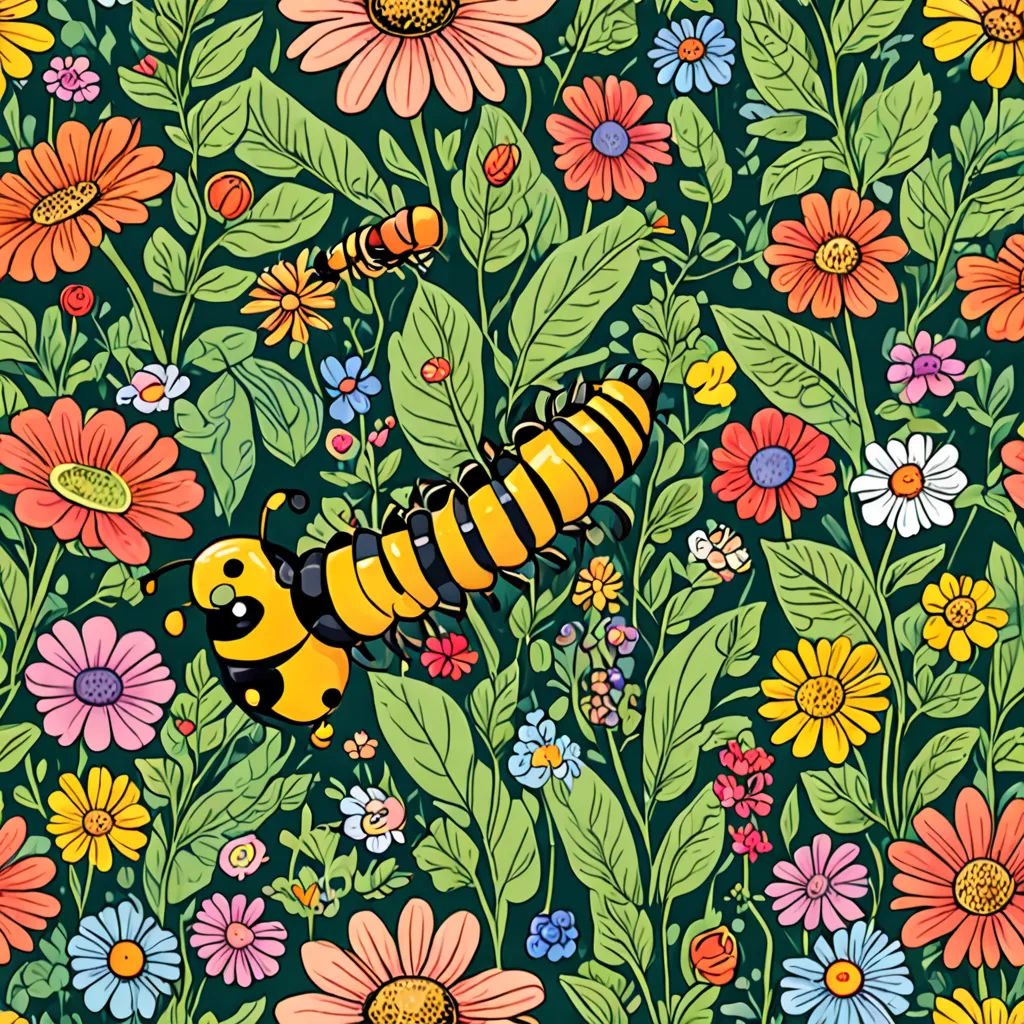 a colorful flower and insect pattern with a yellow caterpillar on a green background with pink, yellow, and blue flowers, psychedelic art, a storybook illustration, Chris LaBrooy, detailed illustration