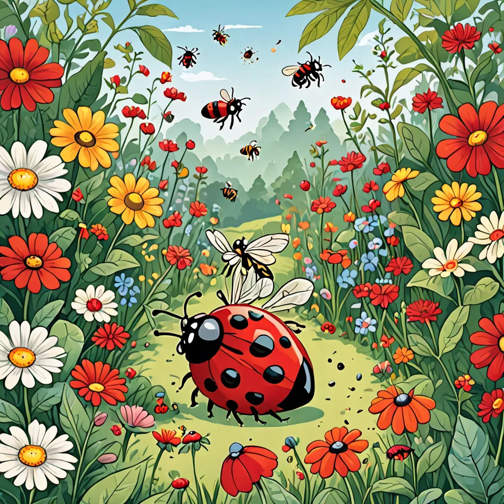 a lady bug in a field of flowers and bees flying around it's head, with a forest in the background, ecological art, a storybook illustration, Chris LaBrooy, detailed illustration