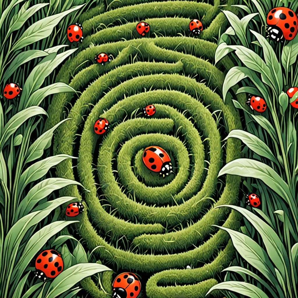 a painting of ladybugs in a green field of grass with a spiral design in the middle of the picture, land art, a jigsaw puzzle, Chris LaBrooy, highly detailed digital painting