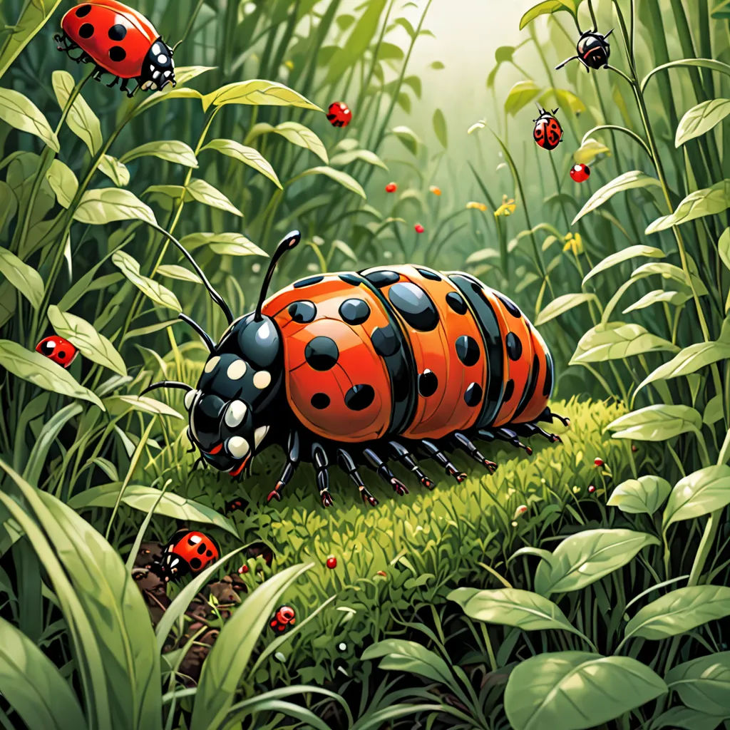 a lady bug sitting on top of a lush green field of grass next to a forest filled with lots of leaves, fantasy art, a detailed painting, Chris LaBrooy, highly detailed digital painting