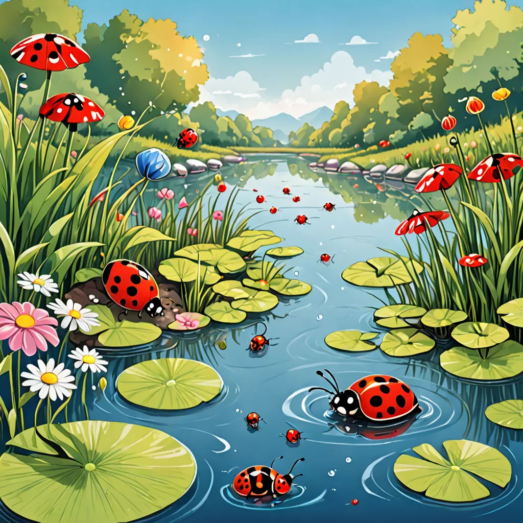 a painting of a pond with lily pads and ladybugs in it and a pond with lily pads and water lilies, environmental art, a storybook illustration, Andries Stock, nature