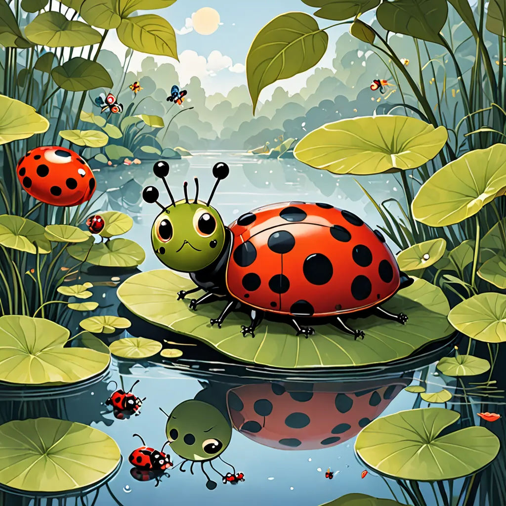 a lady bug sitting on top of a lily pad in a pond of water surrounded by lily pads and lily pads, pop surrealism, a storybook illustration, Chris LaBrooy, highly detailed digital painting