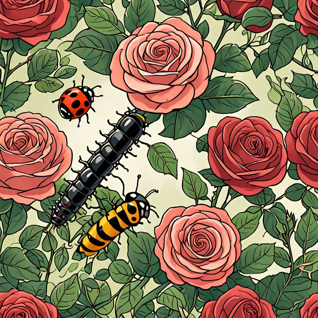 a bunch of bugs sitting on top of roses and roses with ladybugs on them, and a ladybug on the bottom, rococo, a storybook illustration, Annabel Kidston, detailed illustration