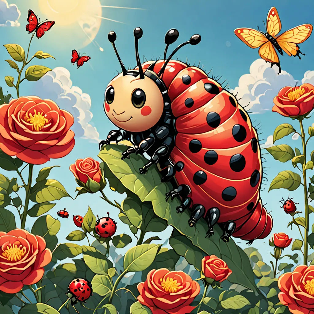 a lady bug sitting on top of a flower covered field of flowers and butterflies flying around it's head, pop surrealism, a storybook illustration, Chris LaBrooy, highly detailed digital painting