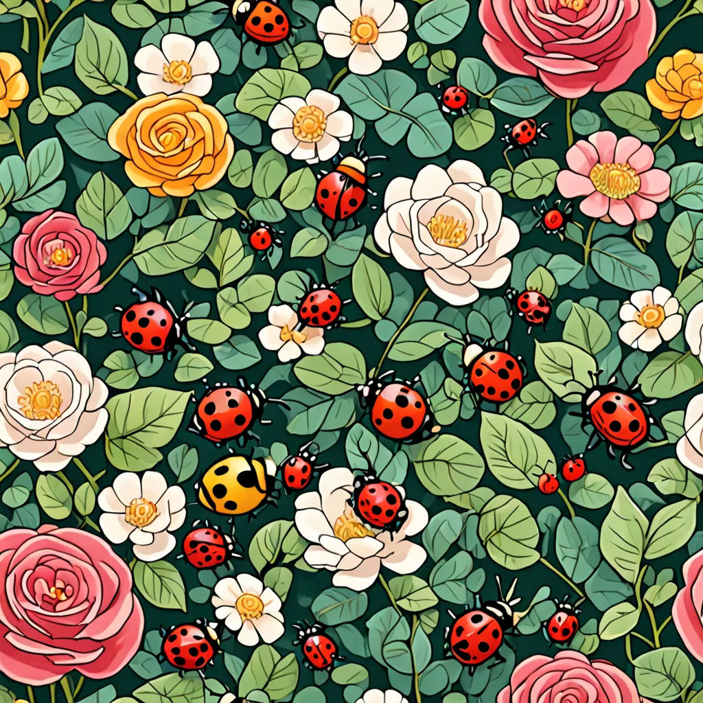 a bunch of flowers and ladybugs on a green background with leaves and flowers on it, all in a pattern, rococo, a jigsaw puzzle, Annabel Kidston, detailed illustration