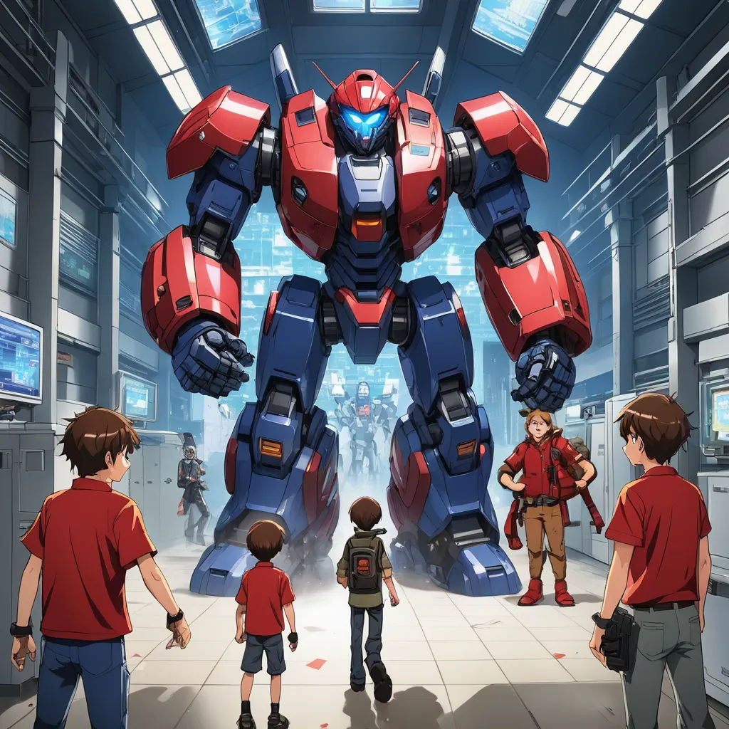 a group of people standing around a giant robot in a building with a giant robot in the background and a man in the foreground, rayonism, concept art, Eizan Kikukawa, official art