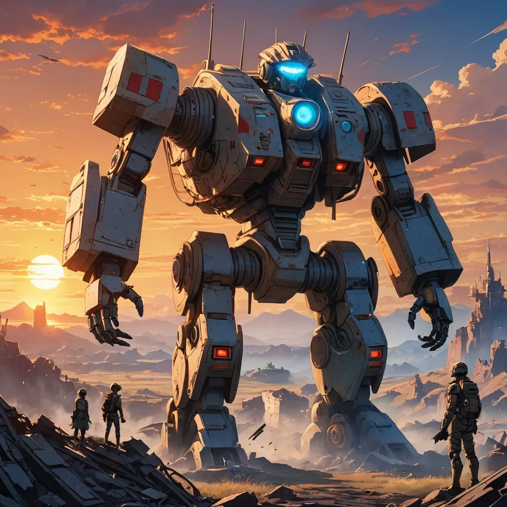 a robot standing on top of a rocky hillside next to a giant robot with glowing eyes and a glowing head, sots art, concept art, Dan Mumford, mecha