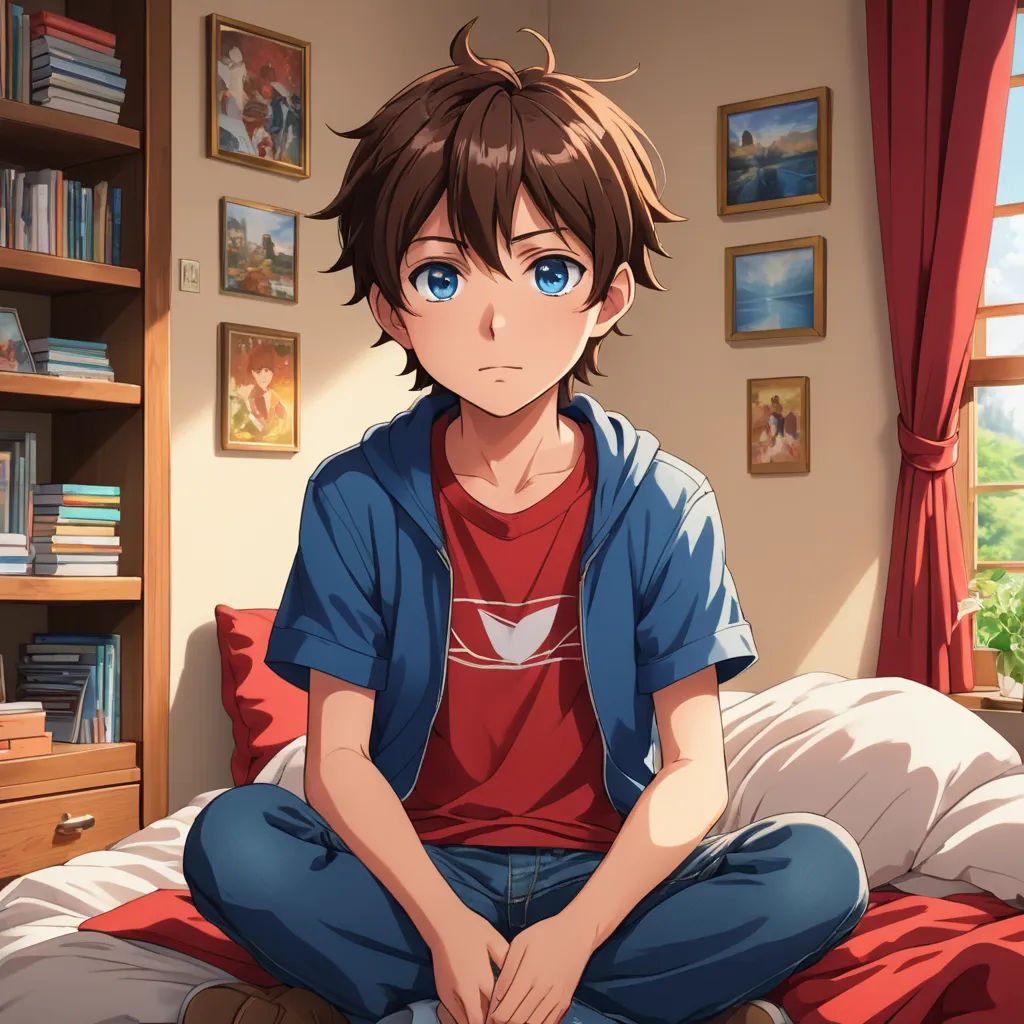 a boy sitting on a bed with a red shirt and blue pants on, looking at the camera, with a red curtain behind him, sots art, a character portrait, Adam Manyoki, official art