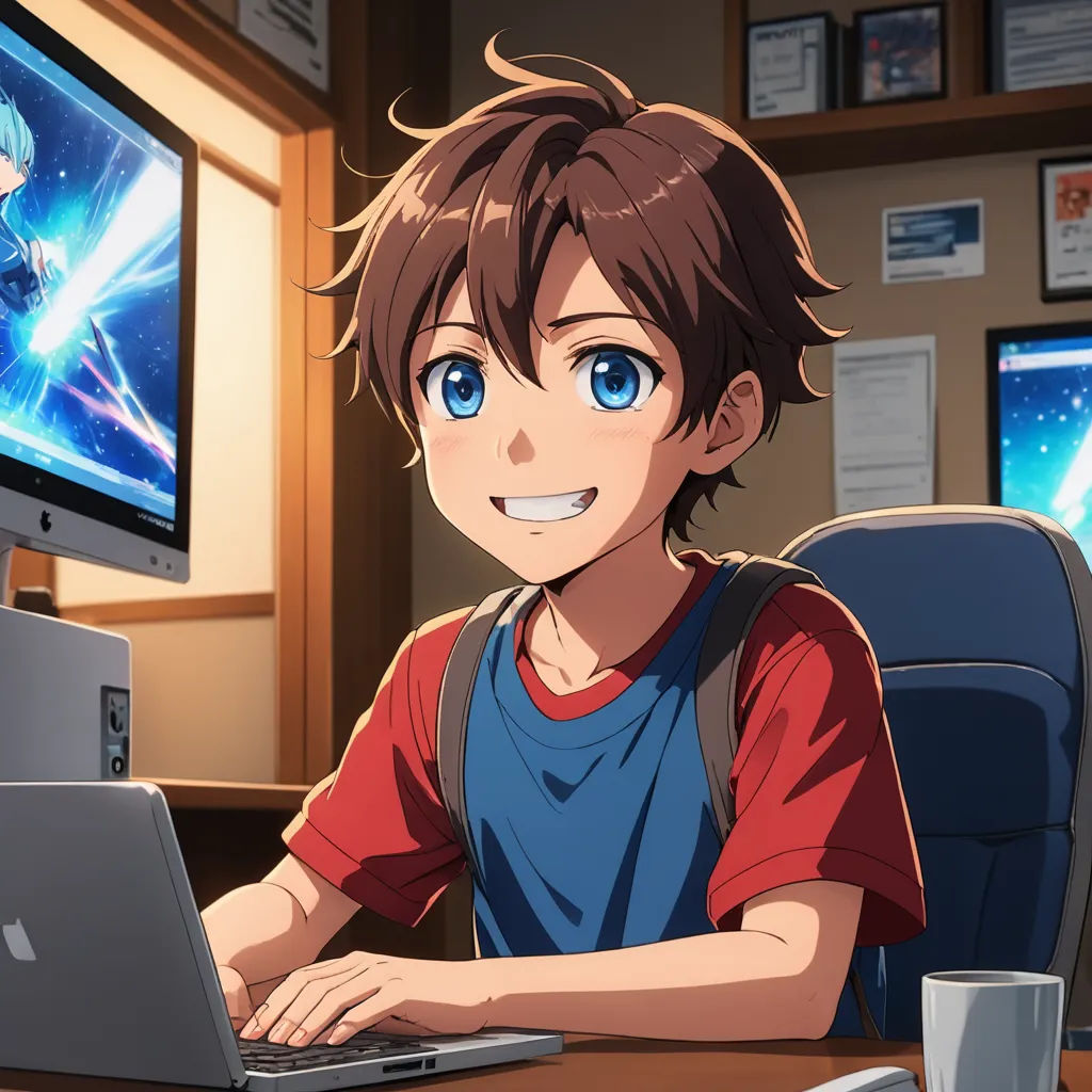 a boy sitting at a desk with a laptop and a monitor in front of him, with a spaceman on the screen, sots art, computer graphics, Adam Manyoki, official art