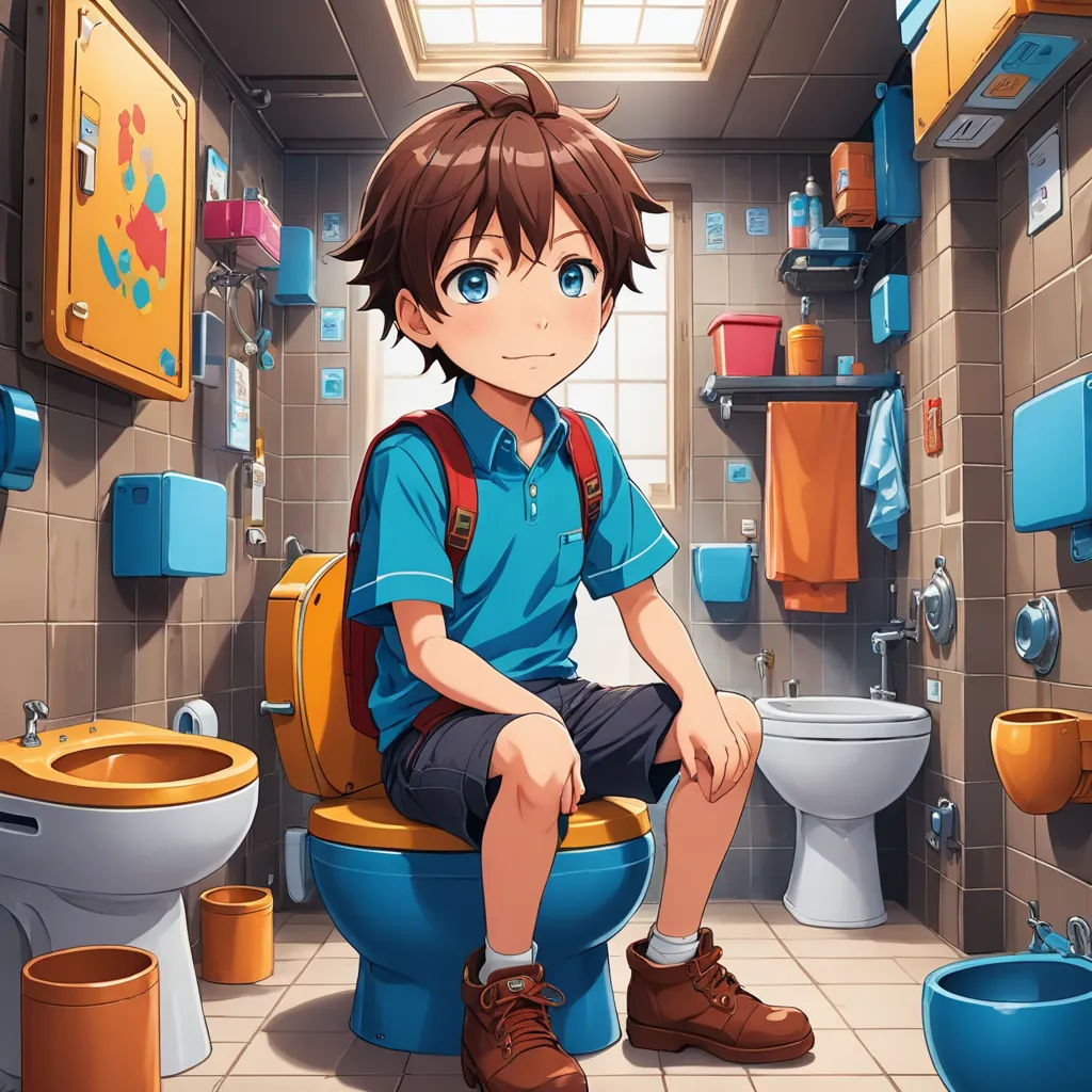 a boy sitting on a toilet in a bathroom with a toilet paper roll on the floor and a toilet bowl in the corner, sots art, a stock photo, Adam Manyoki, official art