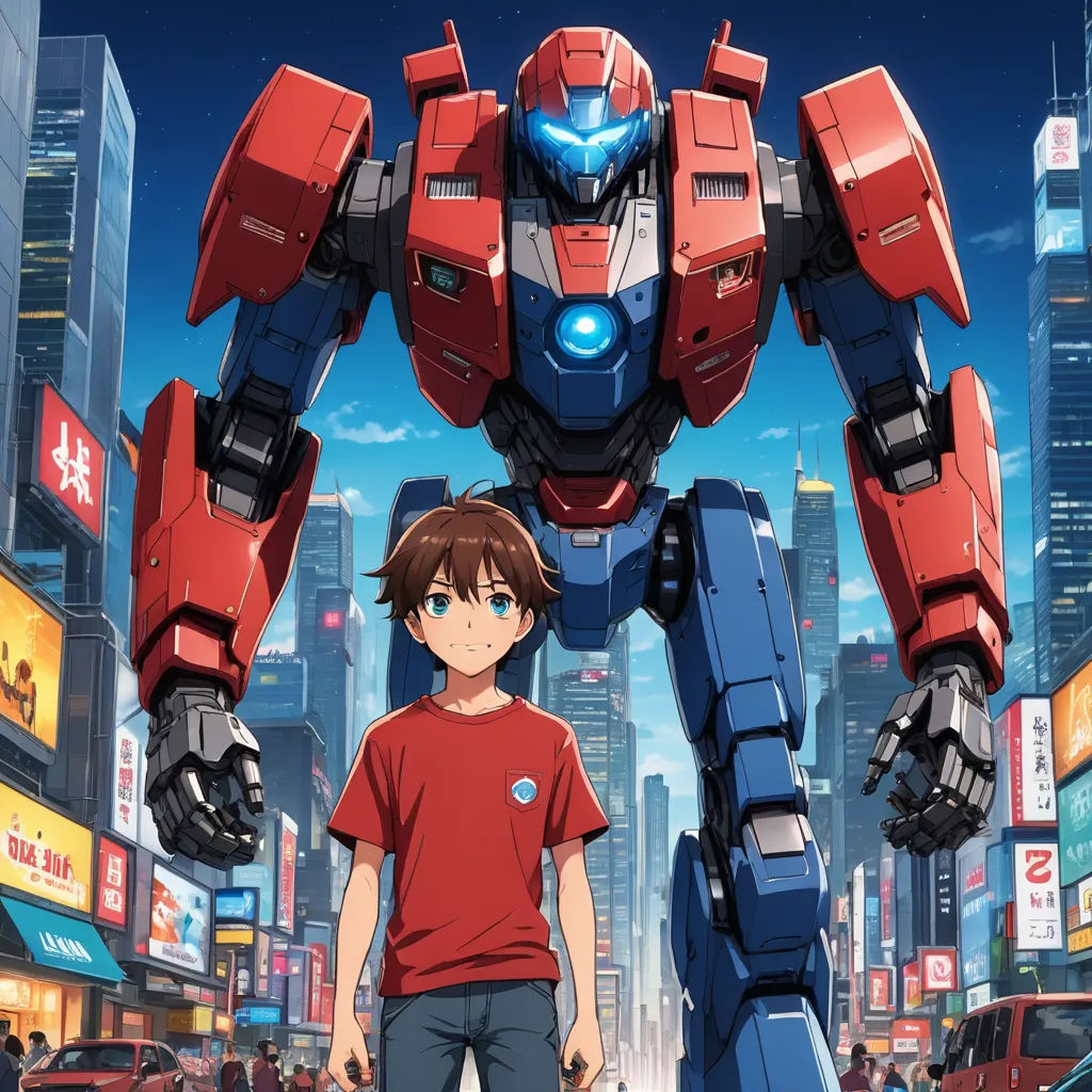 a man standing in front of a giant robot in a city with tall buildings and cars in the background, rayonism, poster art, Ai-Mitsu, anime key visual