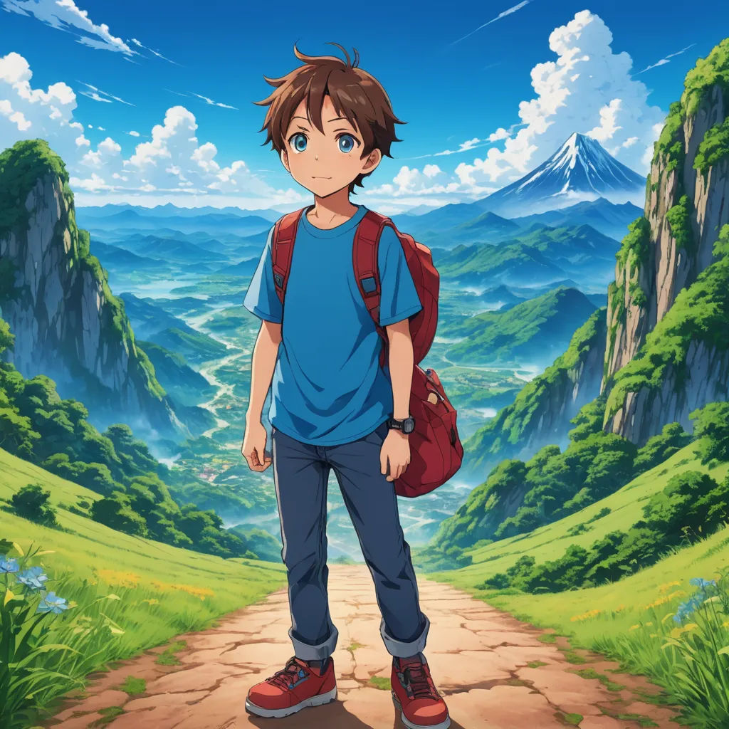 a boy with a backpack standing on a path in front of a mountain range with a mountain range in the background, rayonism, poster art, Ai-Mitsu, anime key visual