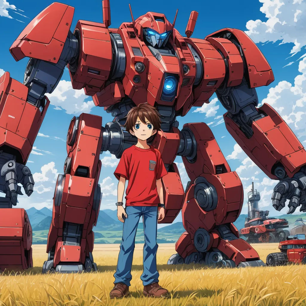 a boy standing in front of a giant robot in a field of grass with a sky background and clouds, rayonism, poster art, Eizan Kikukawa, anime key visual