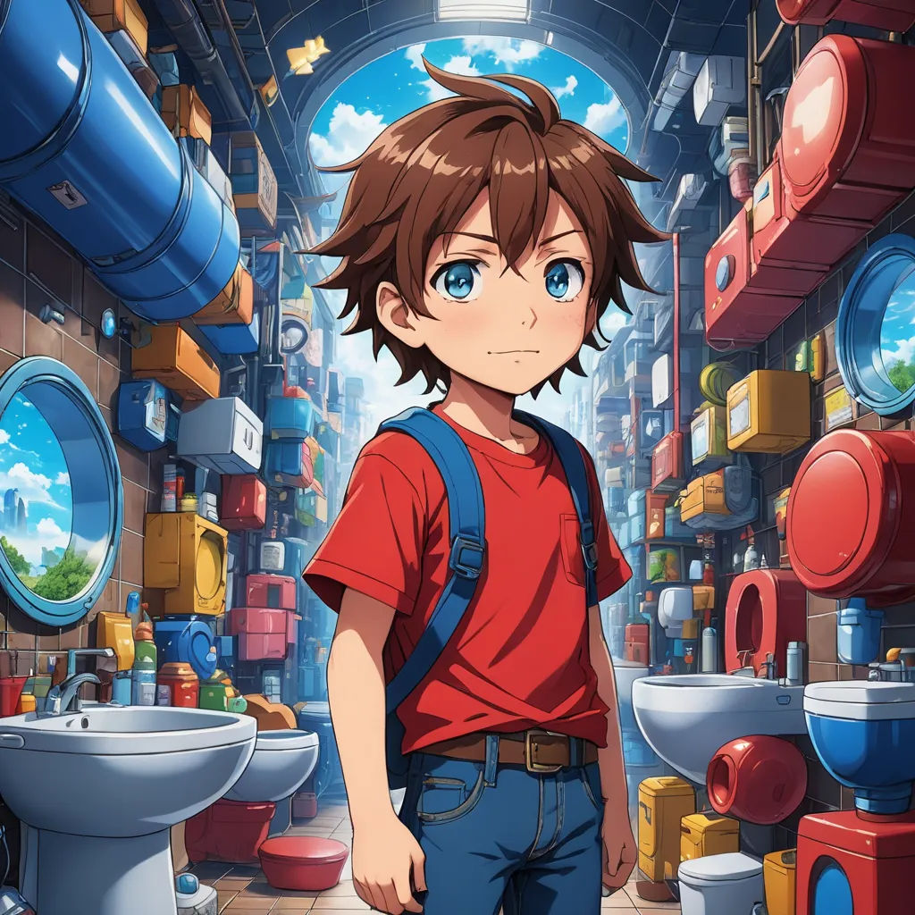 a boy in a red shirt and blue jeans stands in a room with a toilet and a sink and a toilet paper, cloisonnism, poster art, Adam Manyoki, anime key visual