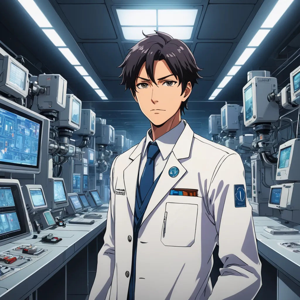 a man in a lab coat standing in front of a computer room filled with monitors and monitors on the wall, rayonism, a character portrait, Aguri Uchida, official art