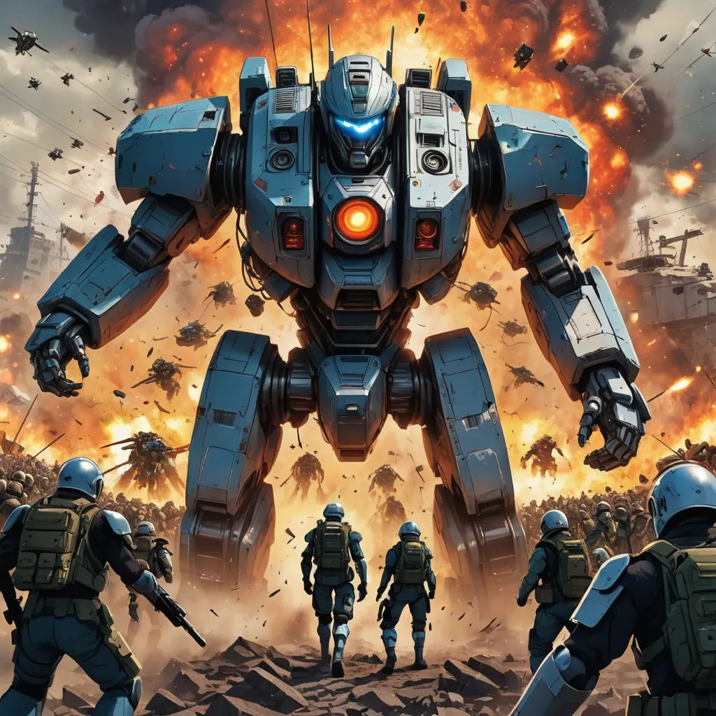a group of soldiers standing in front of a giant robot with a huge gun in his hand and a huge explosion of smoke behind them, antipodeans, poster art, Aleksi Briclot, mecha