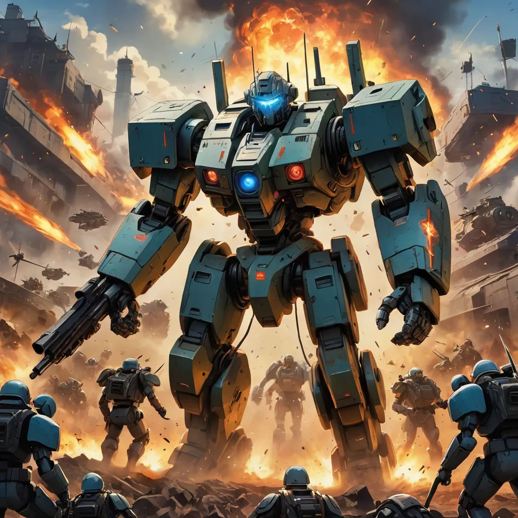 a group of soldiers are attacking a giant robot in a war game with a huge fireball in the background, sots art, a detailed painting, Darek Zabrocki, mecha