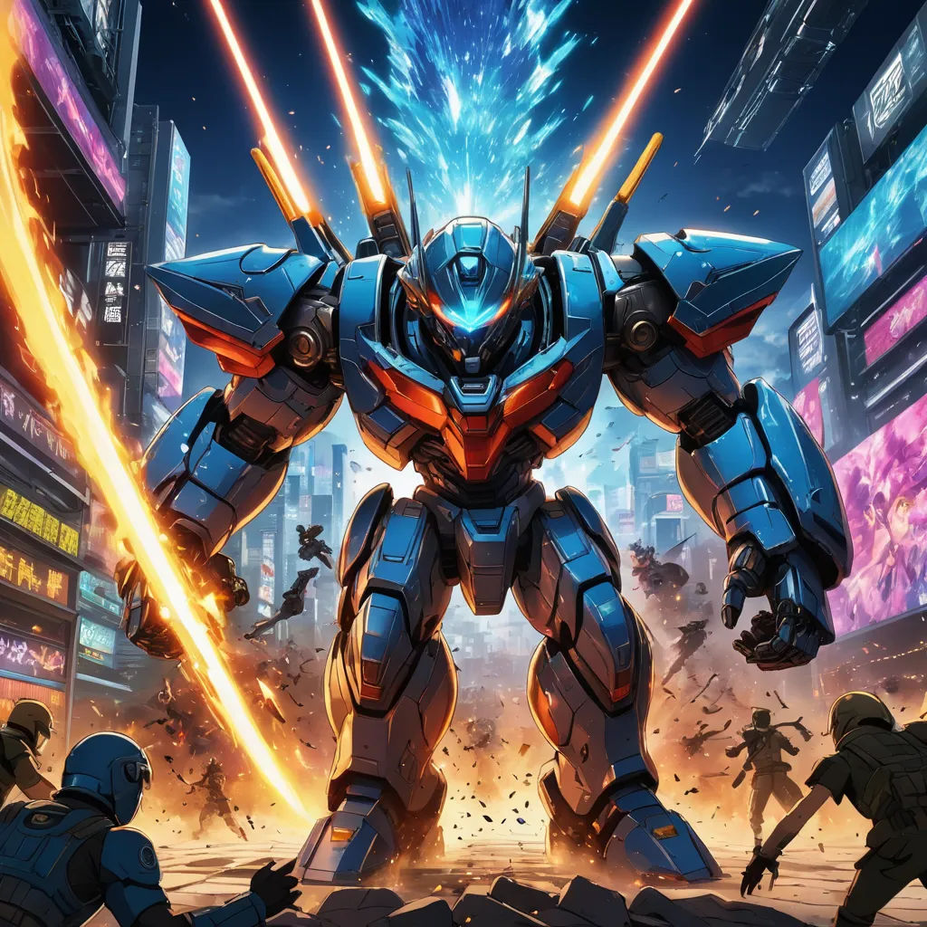 a robot that is standing in the street with a lot of people around it and a giant robot in the middle of the street, sots art, concept art, Dai Jin, mecha