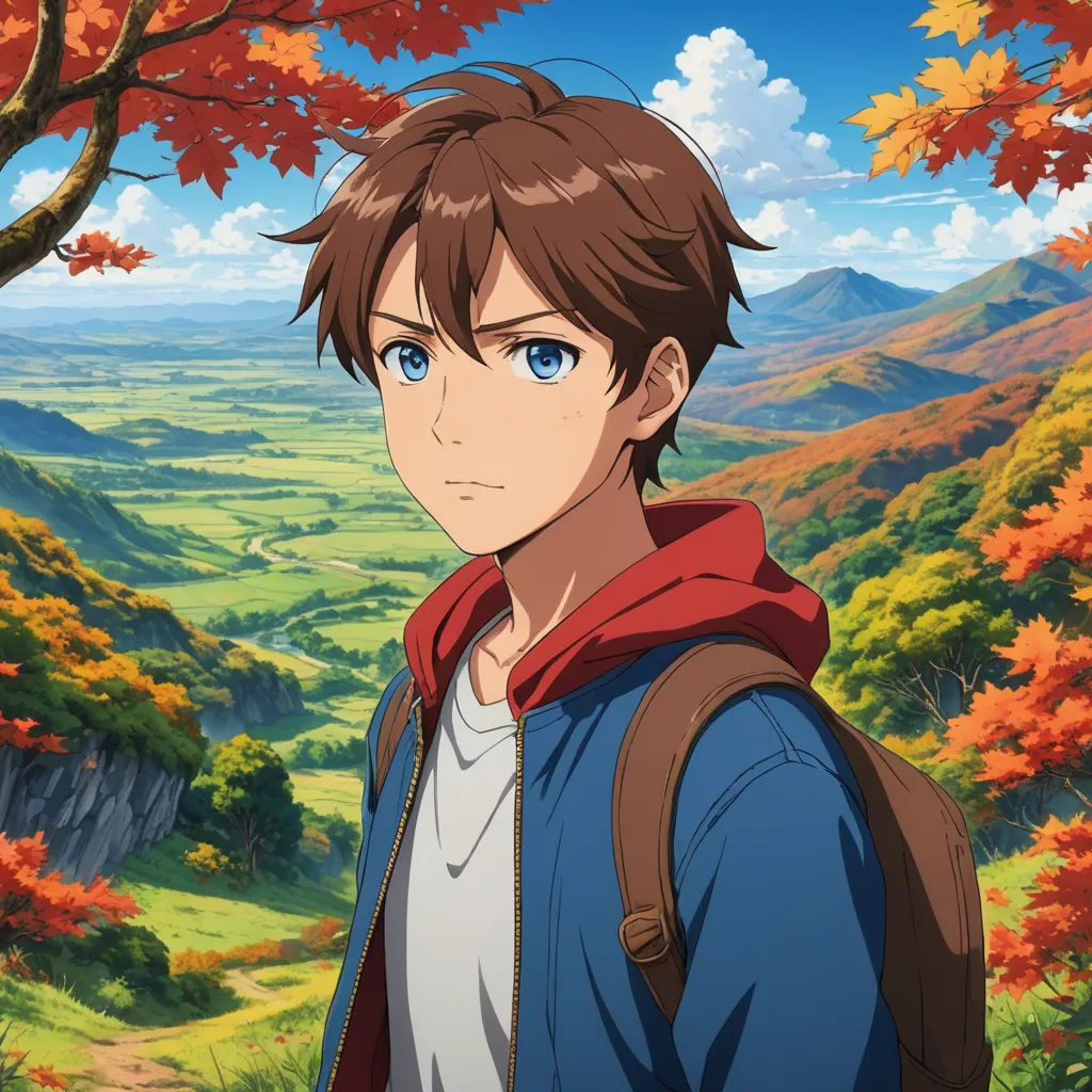 a man with a backpack looking at the camera in front of a mountain landscape with trees and leaves in the foreground, sots art, concept art, Ai-Mitsu, anime key visual