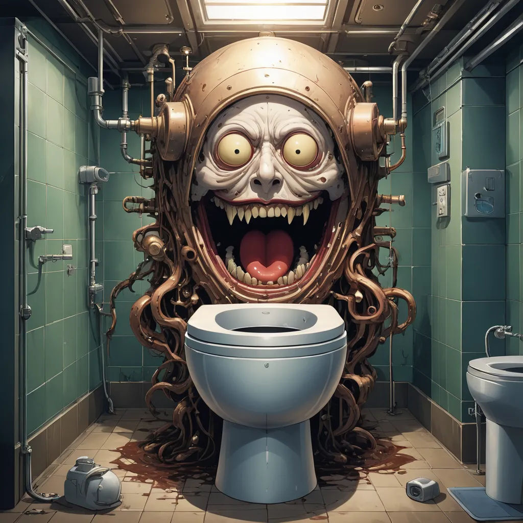 a bathroom with a toilet and a weird looking monster head on the wall above it's head is a sink, shock art, a surrealist painting, Chris LaBrooy, cosmic horror