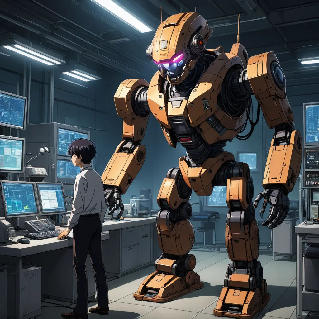 a man standing in front of a robot in a room with computer monitors and a desk with a computer, rayonism, concept art, Ai-Mitsu, anime key visual