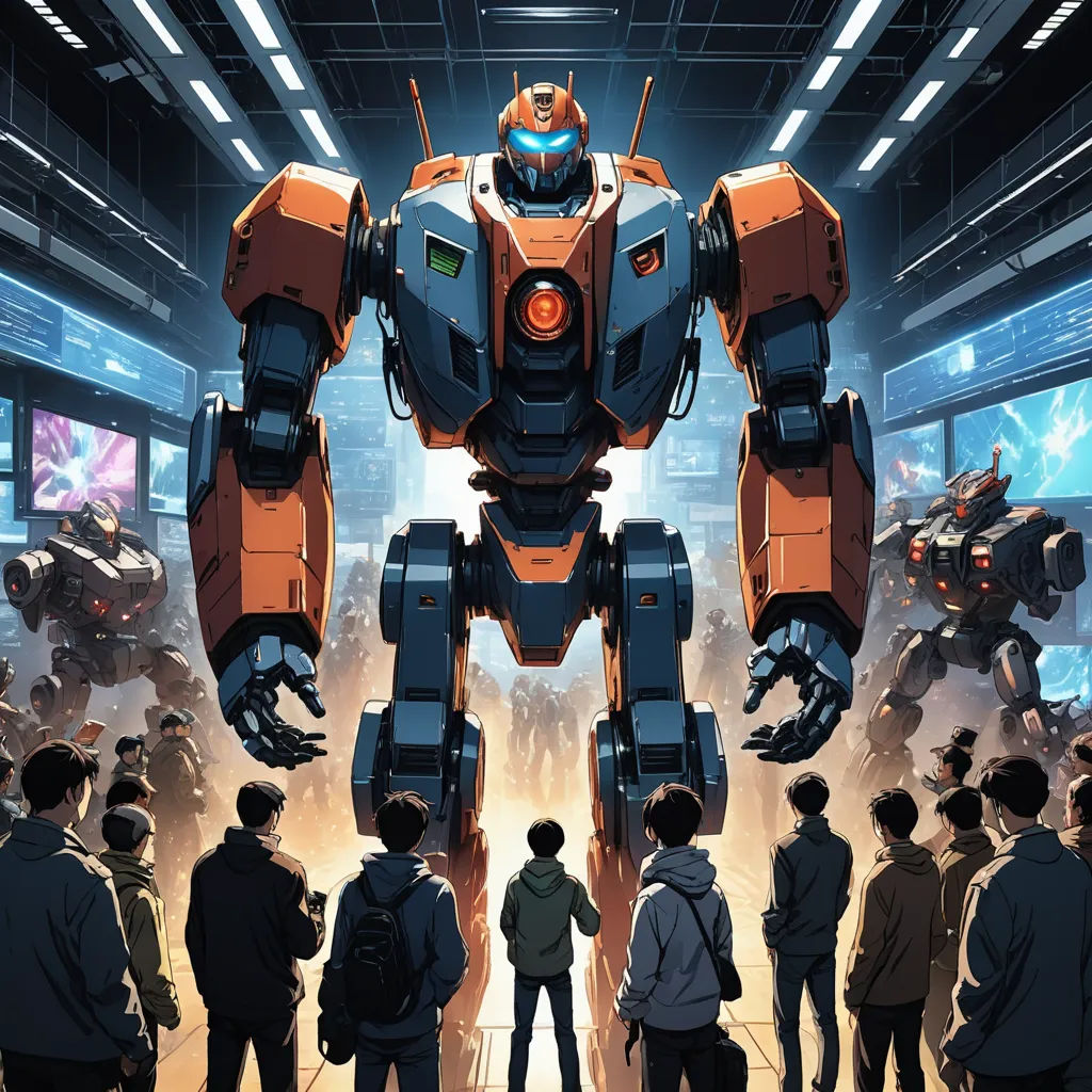 a group of people standing around a giant robot in a building with a giant robot on the side of it, sots art, poster art, Fan Qi, mecha