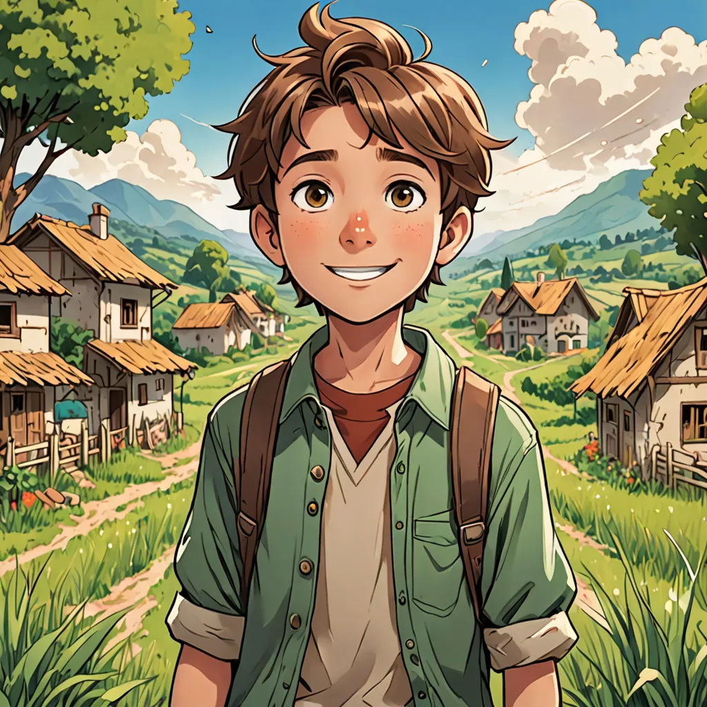 a boy standing in a field with a village in the background and a sky background with clouds and mountains, Cedric Seaut (Keos Masons), rossdraws global illumination, a character portrait, magical realism