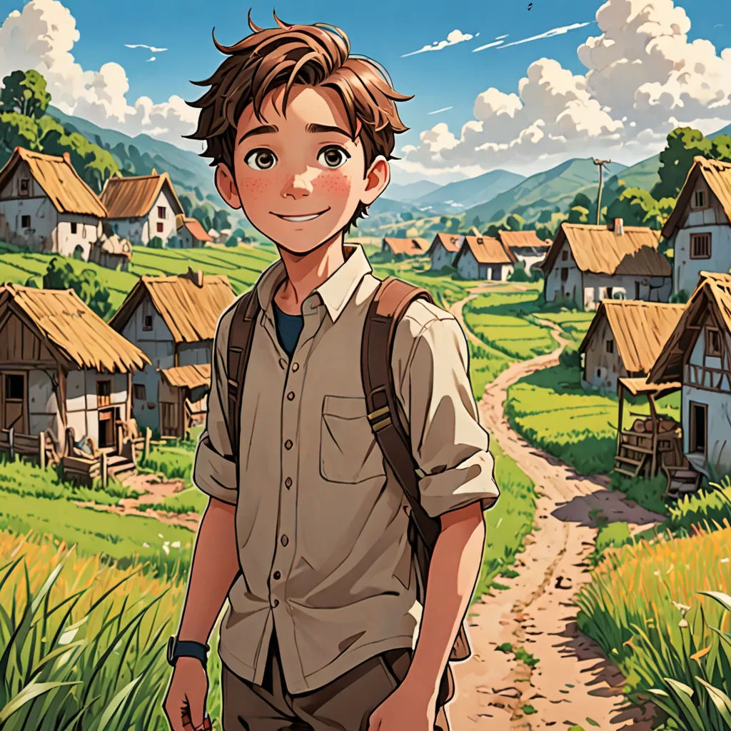 a boy standing in front of a village with a dirt road and a dirt road leading to a village, Cedric Seaut (Keos Masons), rossdraws global illumination, a storybook illustration, fantasy art