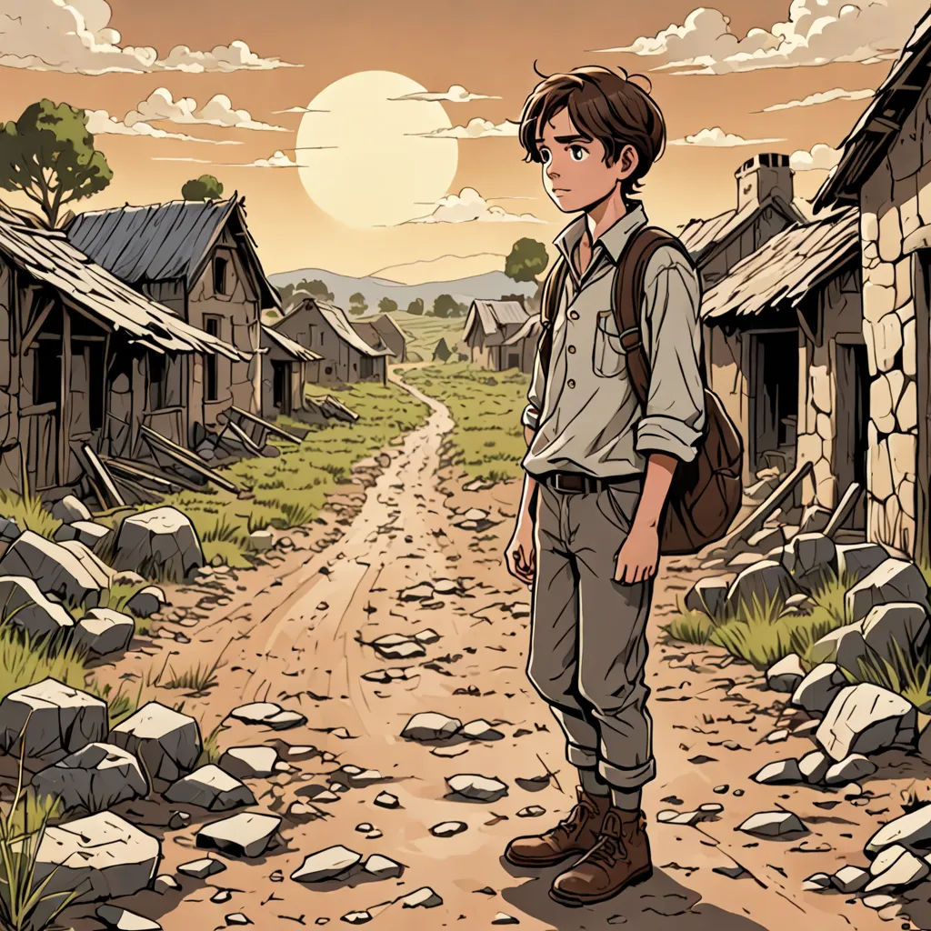a boy standing in a dirt road with a backpack on his shoulder and a house in the background with a sun in the sky, Cedric Seaut (Keos Masons), comic cover art, a comic book panel, lyco art