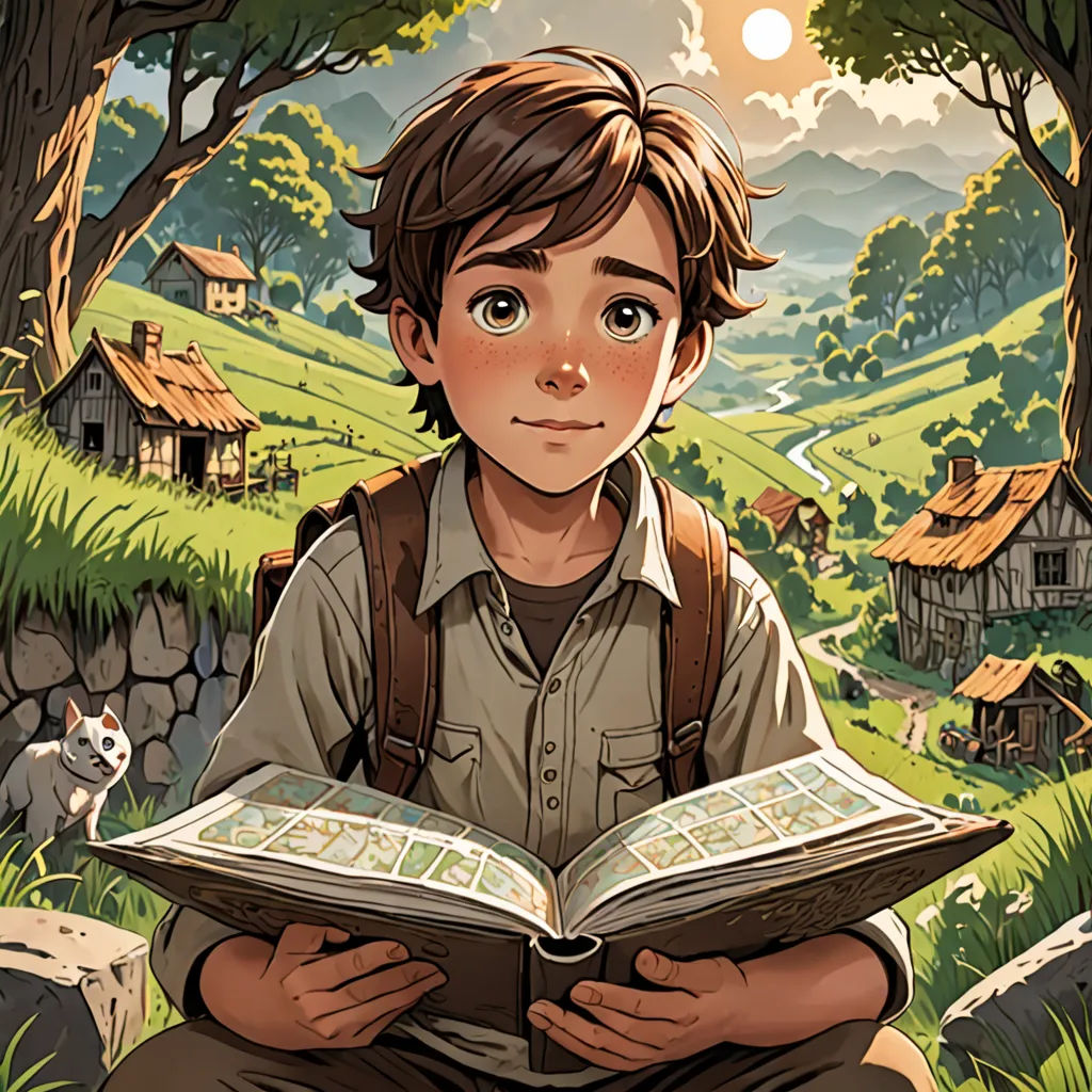 a boy sitting in the grass reading a book with a dog nearby on the grass and a forest with houses, Cliff Childs, rossdraws global illumination, a storybook illustration, fantasy art