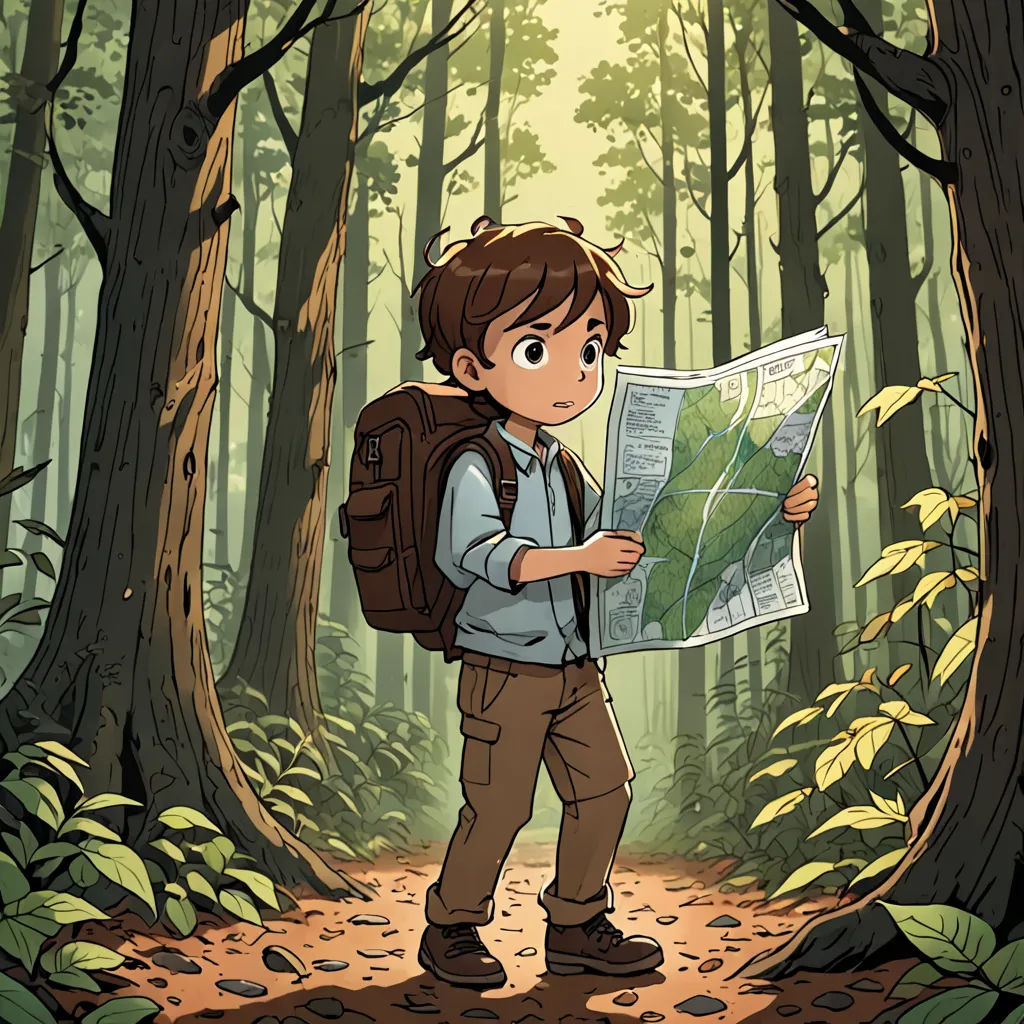 a boy is standing in the woods looking at a map and reading it with a backpack on his back, Cliff Childs, official art, a storybook illustration, process art