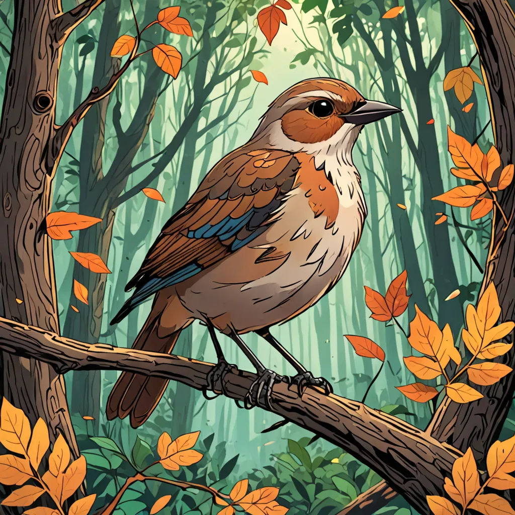 a bird sitting on a branch in a forest with leaves on the ground and a tree in the background, Dan Mumford, josan gonzales and dan mumford, a storybook illustration, fantasy art