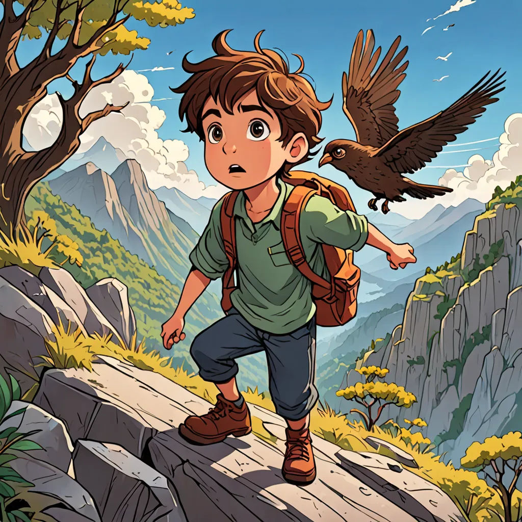 a boy with a backpack and a bird on his shoulder is standing on a cliff with mountains in the background, Cliff Childs, comic cover art, a storybook illustration, fantasy art