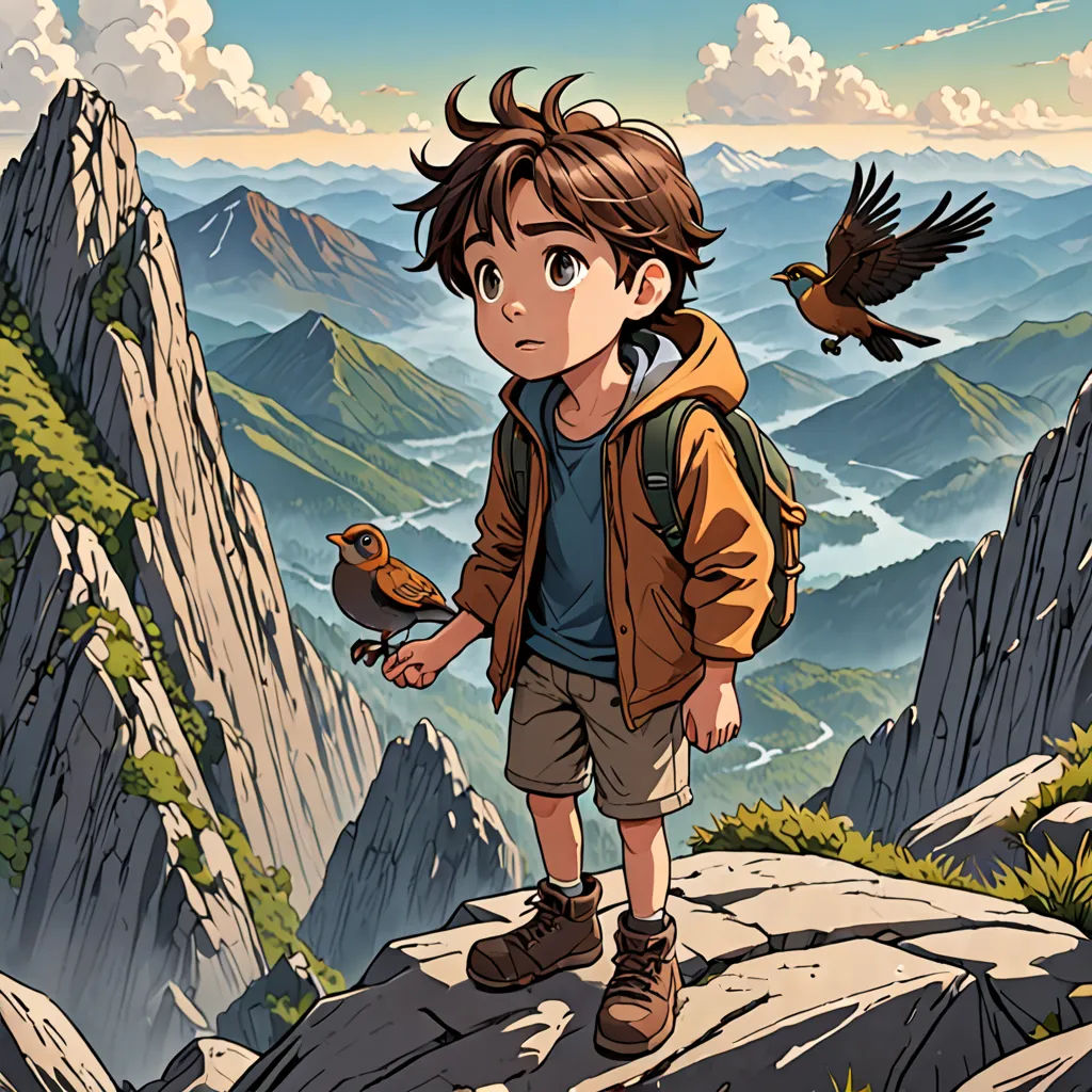 a boy with a bird on his hand standing on a mountain top with mountains in the background and a bird flying above him, Cliff Childs, yukito kishiro, poster art, fantasy art