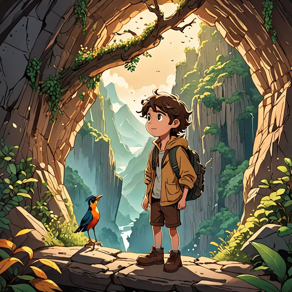 a boy standing in a cave with a bird on his shoulder and a mountain in the background with a cave entrance, Cliff Childs, official art, poster art, environmental art