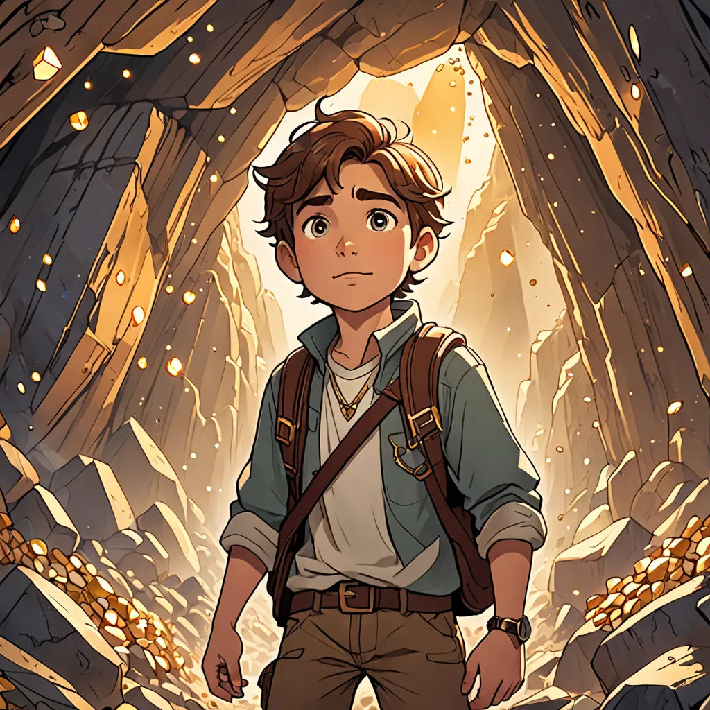 a boy standing in a cave with a backpack on his back and a light shining on him from behind, Cliff Childs, rossdraws global illumination, a character portrait, fantasy art