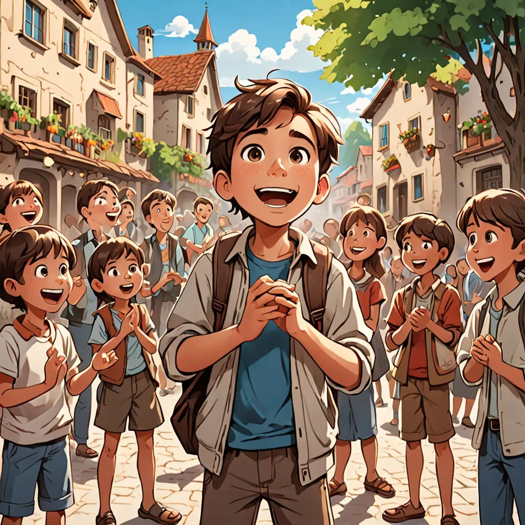 a boy standing in front of a crowd of people in a city street with a boy holding his hands together, Asaf Hanuka, official art, a storybook illustration, rayonism