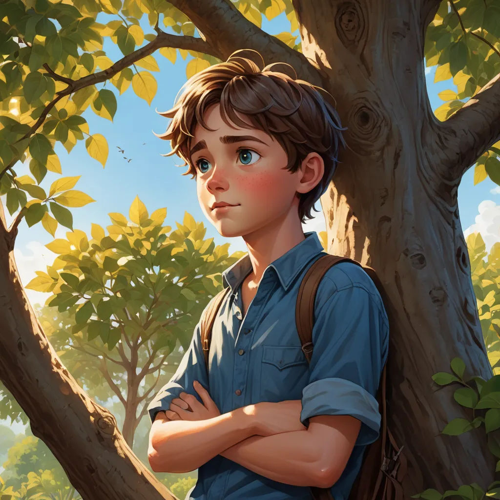 a boy standing in front of a tree with his arms crossed and looking up at the sky with a backpack on his shoulder, fantasy art, a storybook illustration, Aaron Jasinski, rossdraws global illumination
