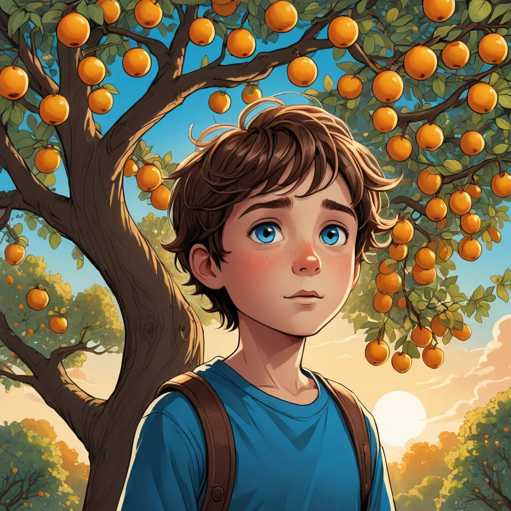 a boy standing under a tree with oranges on it's branches and a blue shirt on his shirt, fantasy art, a storybook illustration, Aaron Jasinski, highly detailed digital painting